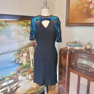 Vtg 80's black blue beaded sequin party dress Large
